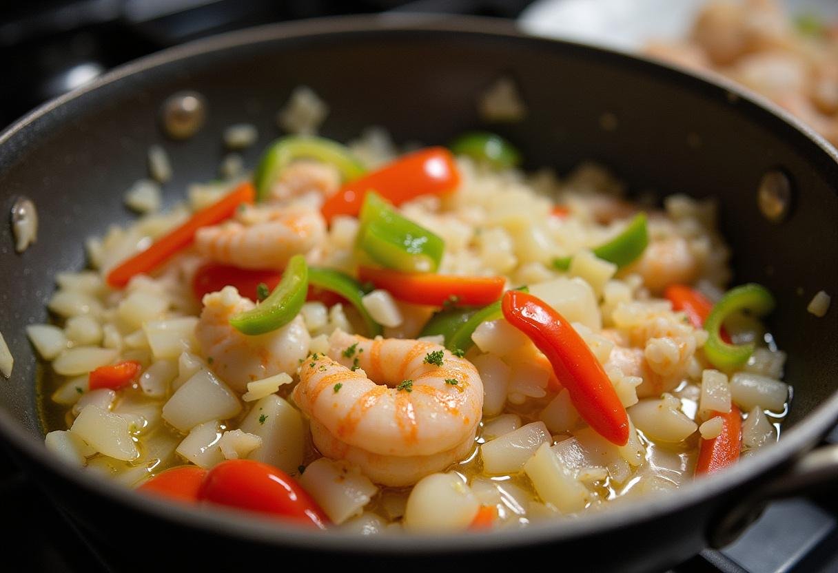 Base de arroz de marisco com cebolas, alho e pimentões sendo refogados na receita tradicional.