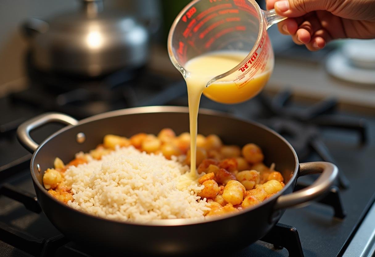 Mistura de arroz com frutos do mar e caldo na preparação do arroz de marisco gourmet.