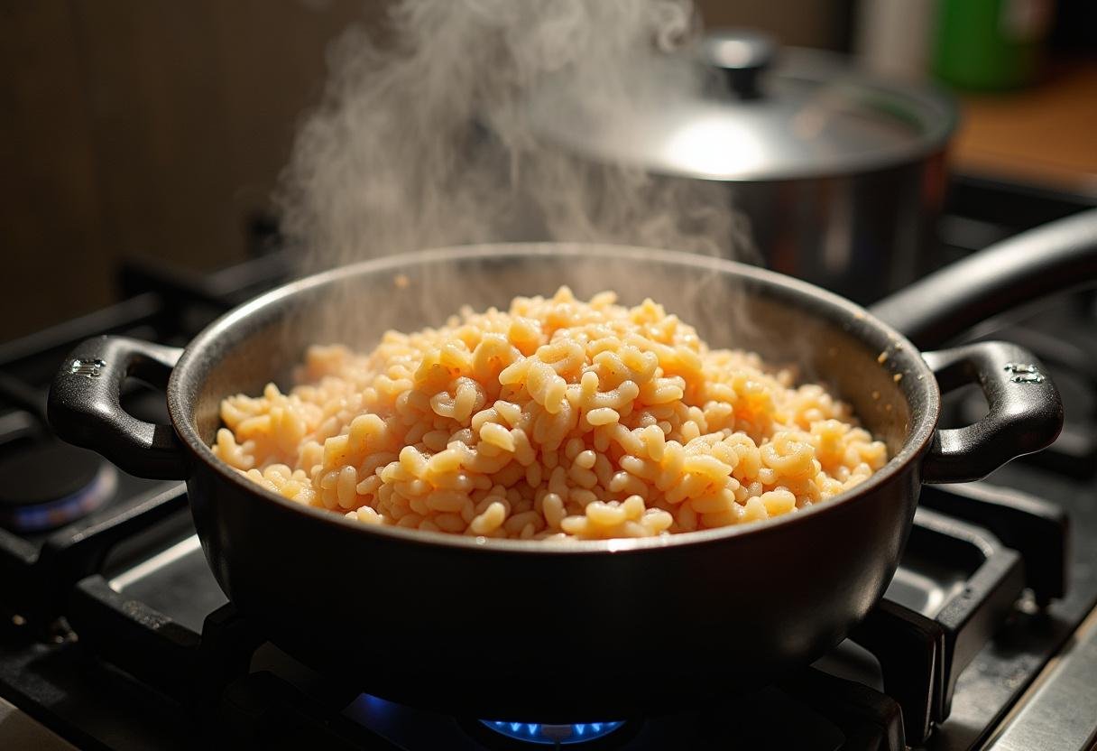 Arroz de marisco gourmet sendo cozido lentamente na panela, enfatizando a receita saborosa.