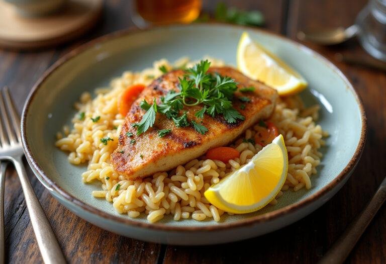 Delicious arroz de peixe served with herbs and lemon, showcasing the finished seafood dish.