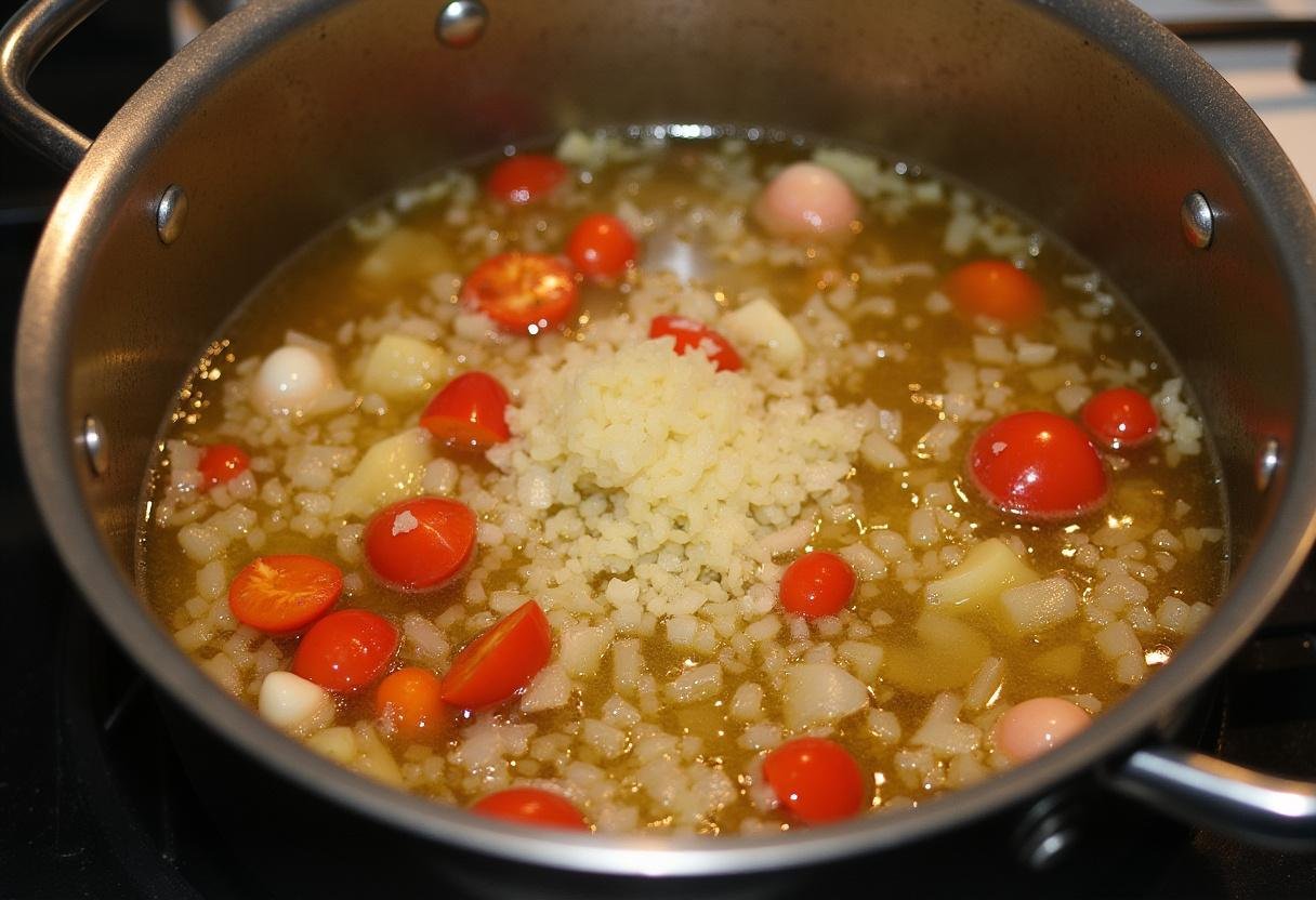 Fragrant base of arroz de peixe with onions, garlic, and bell peppers sautéing in olive oil.
