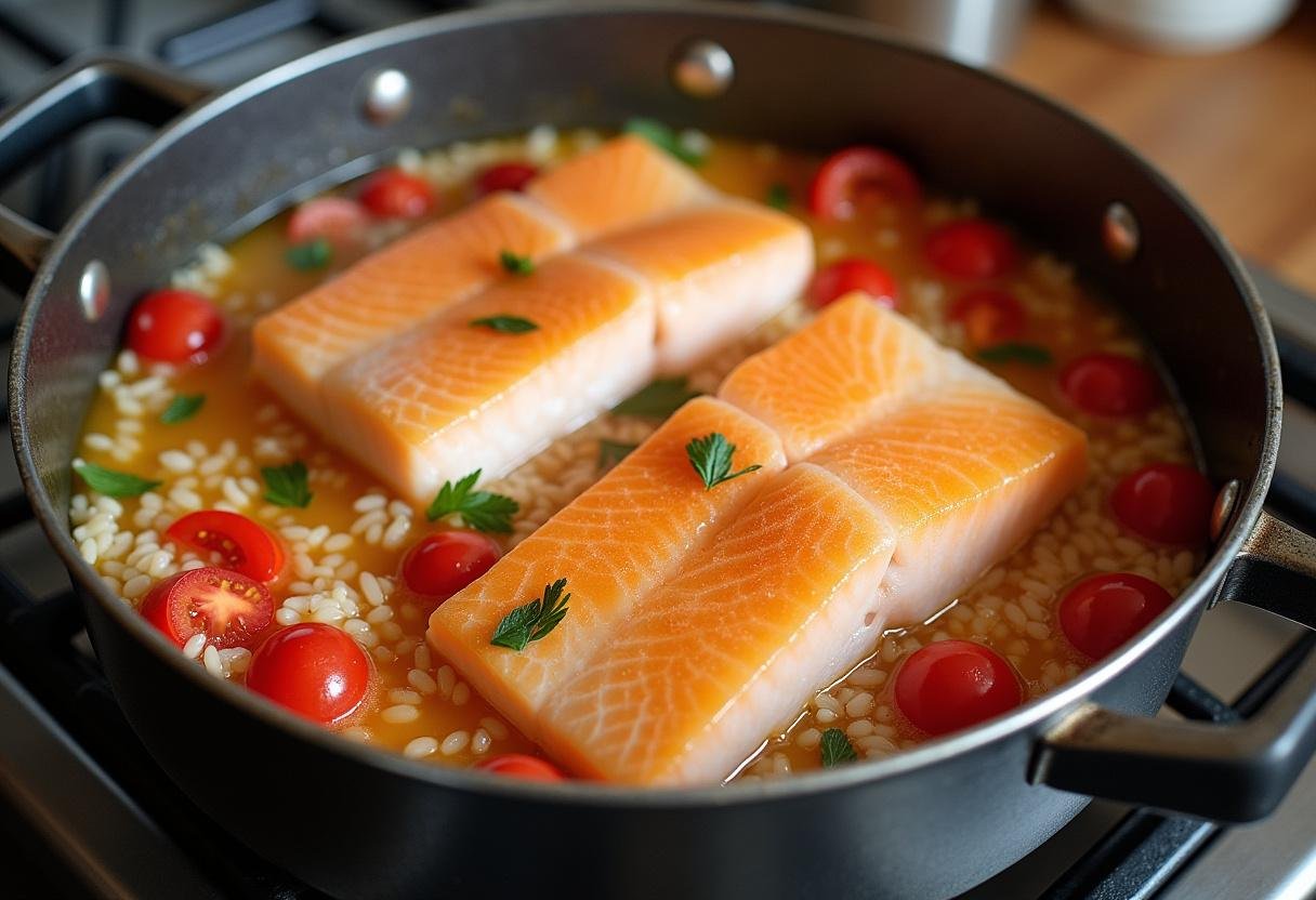 Rice and fresh fish fillets simmering together for a delicious arroz de peixe.