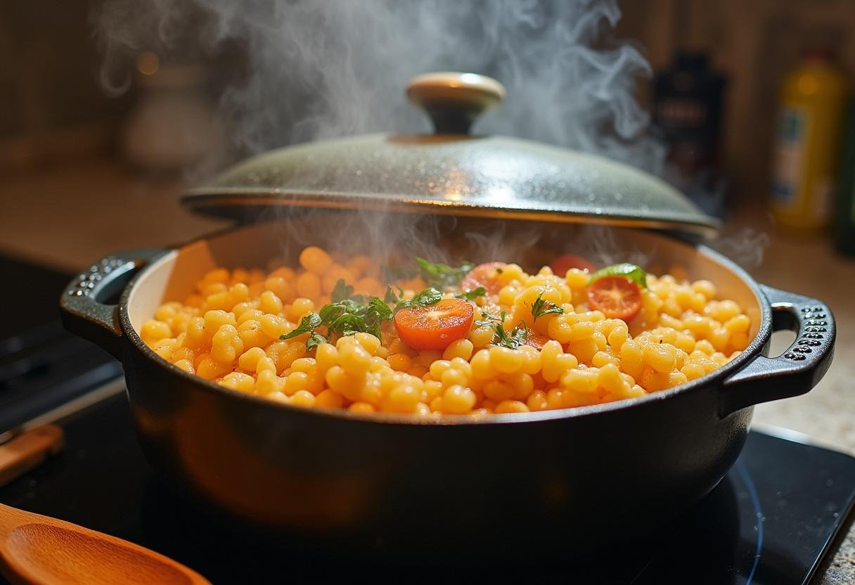 Cooking arroz de peixe with the lid on to create a flavorful dish.