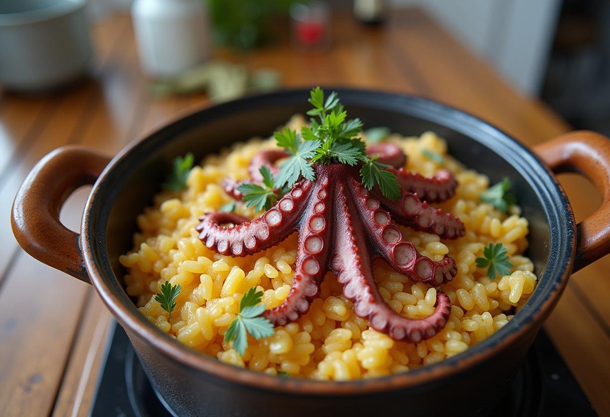 Arroz de polvo preparado com arroz e polvo, representando uma receita tradicional portuguesa.