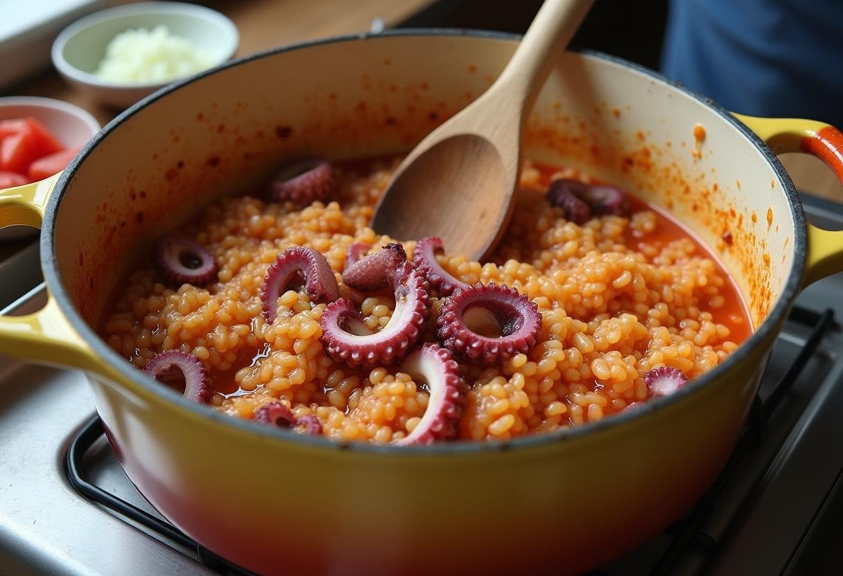 Mistura de arroz de polvo sendo mexida com colher de madeira para a receita do arroz de polvo.