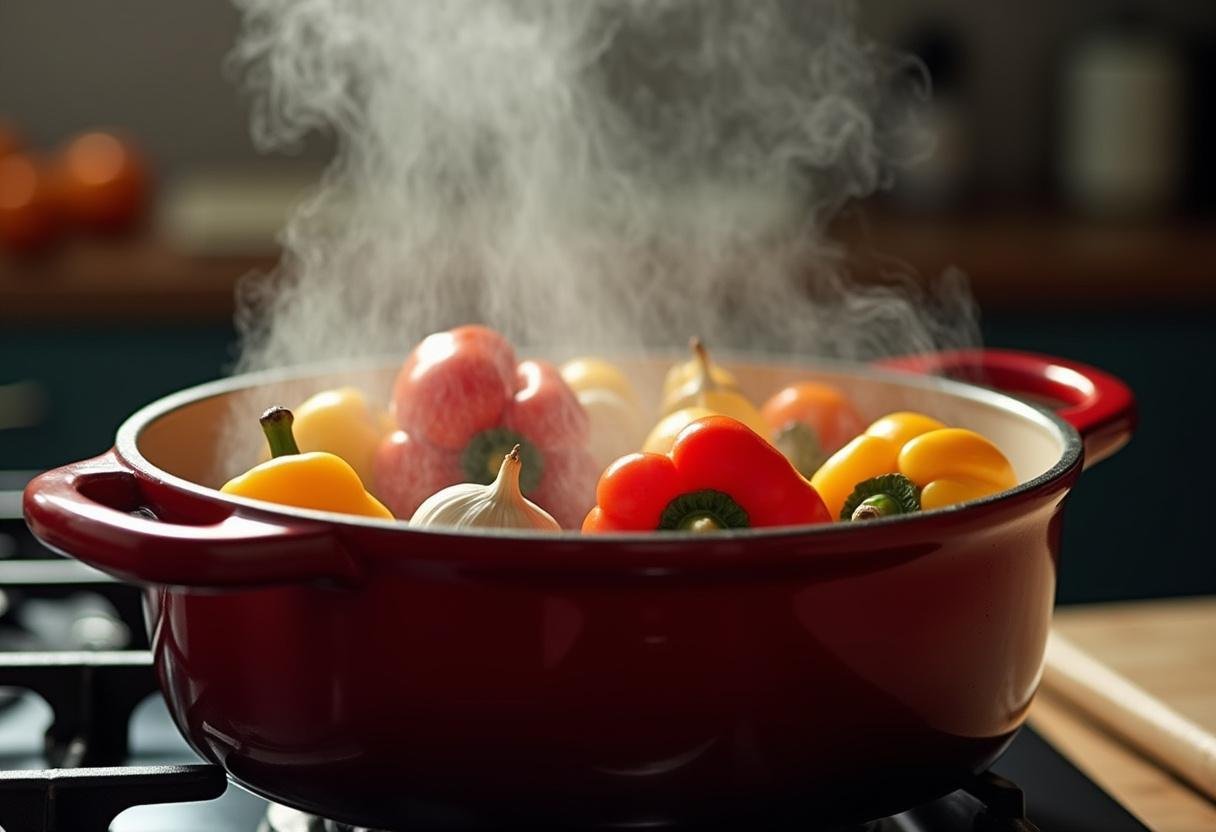 Arroz de polvo cozinhando no fogão, com ingredientes frescos ao lado para uma receita deliciosa.