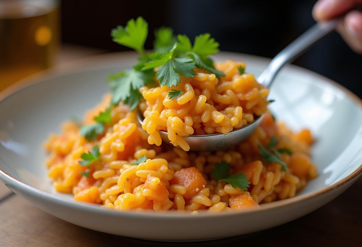 Servindo arroz de polvo em um prato fundo, pronto para ser apreciado.