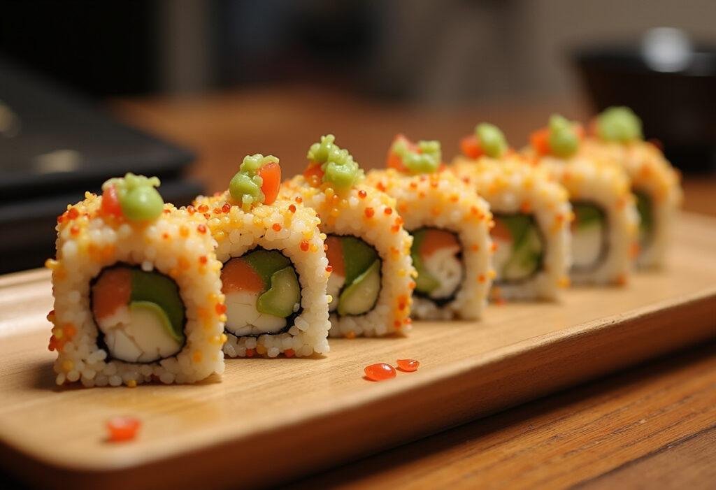 Finished sushi rolls made with Arroz de Sushi Japonês, perfect for serving at a sushi dinner.