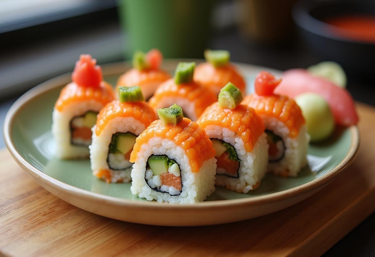 Finished sushi rolls made with Arroz de Sushi Japonês, perfect for serving at a sushi dinner.