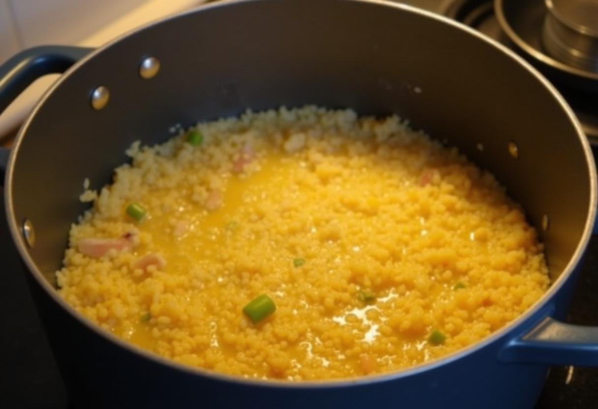 Arroz de tamboril cozinhando na panela, mostrando a preparação da receita deliciosa.