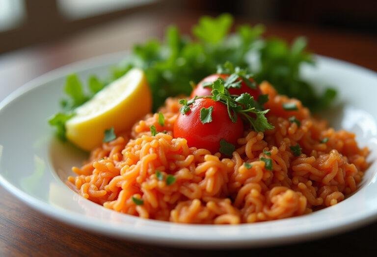 Delicious serving of arroz de tomate garnished with herbs, perfect for a family meal.