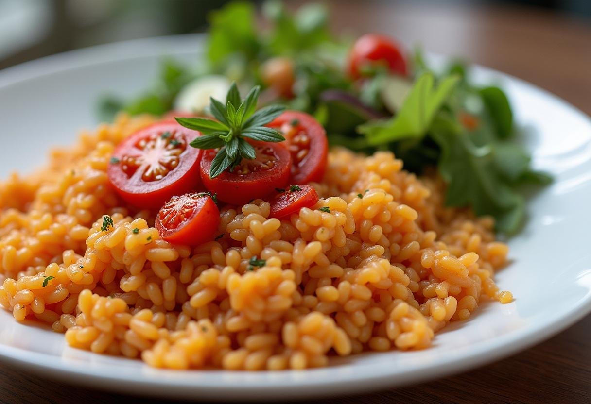 Deliciosa porção de arroz de tomate guarnecido com ervas, perfeito para uma refeição em família.