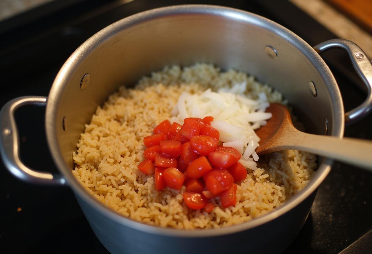 Arroz, tomates e cebolas sendo refogados para um delicioso arroz de tomate.