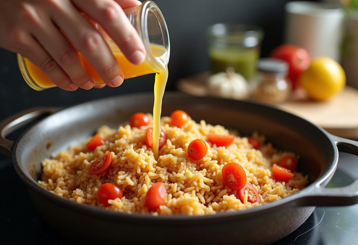 Caldo de legumes a ser adicionado ao arroz e tomates para fazer o arroz de tomate.