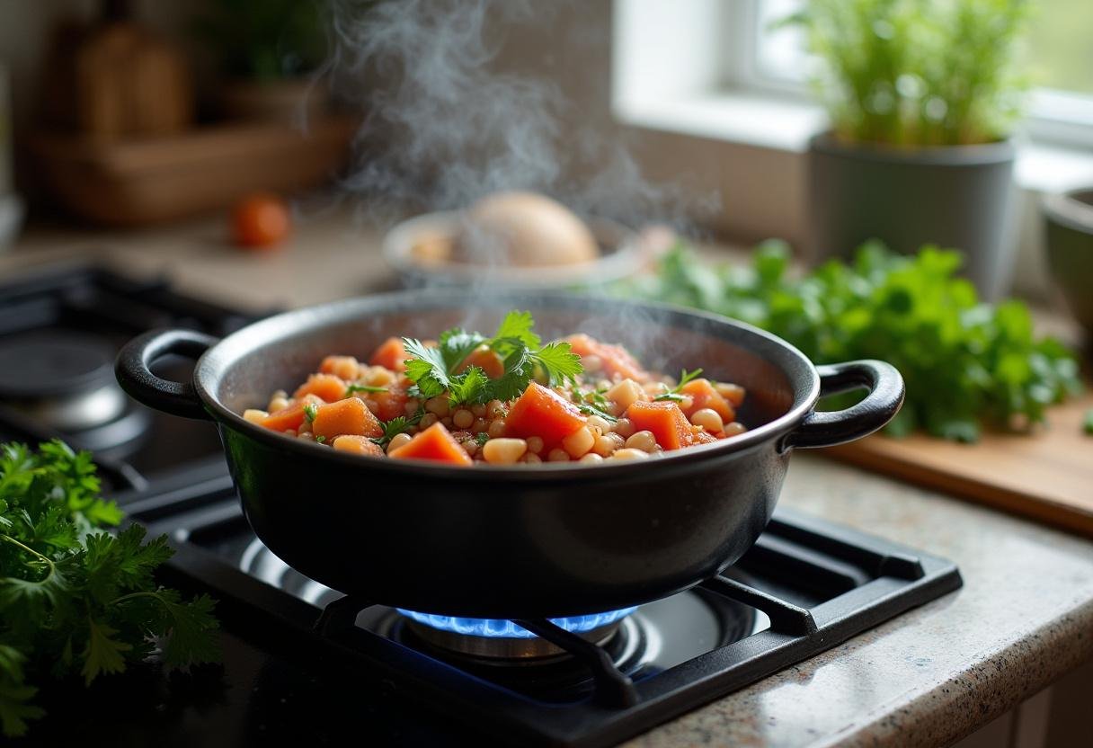 Arroz de tomate a ferver em lume brando com ervas frescas prontas para realçar o sabor.