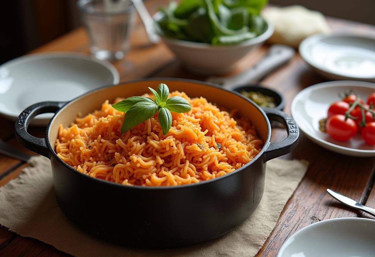 Arroz de tomate cozinhado pronto para servir à mesa de jantar.