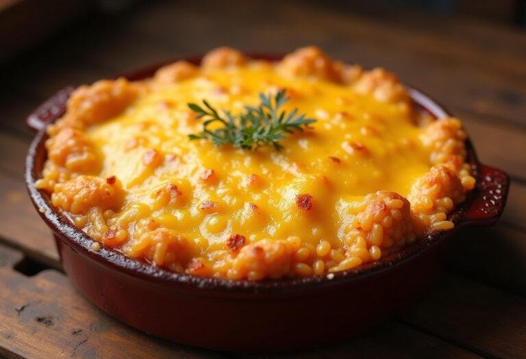 Finished Arroz no Forno Recheado, a delicious cheesy rice dish ready to be enjoyed.