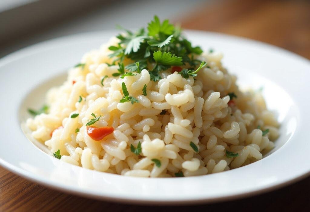 Fluffy gluten-free rice served as Arroz sem Glúten Light, garnished with fresh herbs.