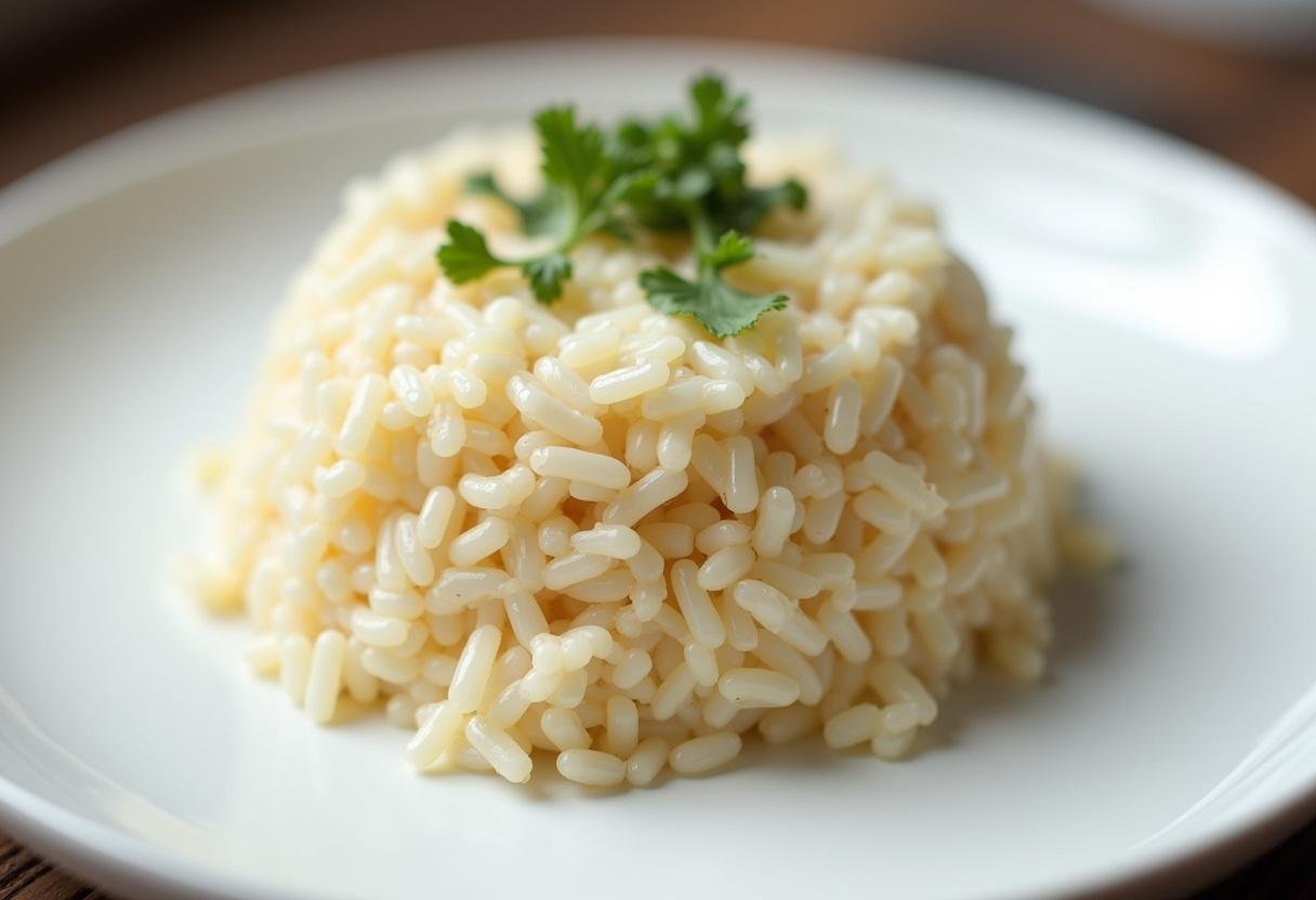 Fluffy gluten-free rice served as Arroz sem Glúten Light, garnished with fresh herbs.