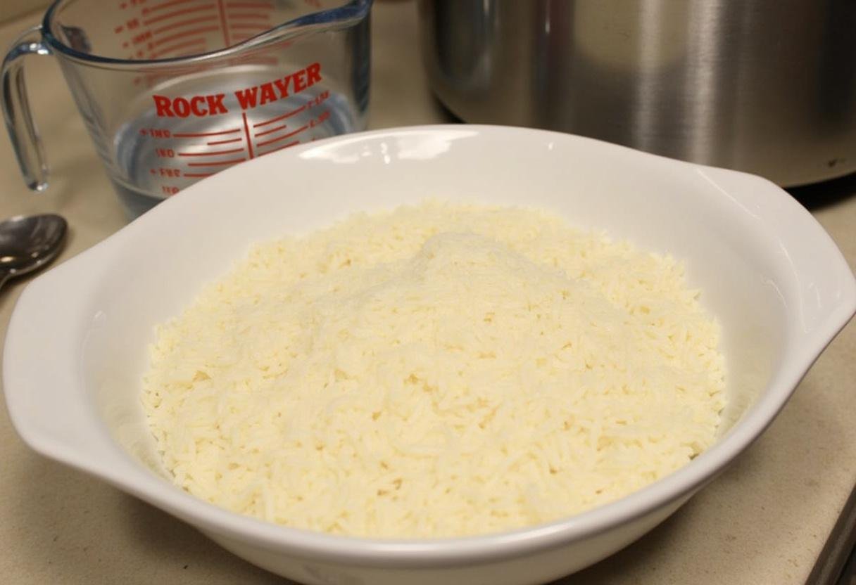 Rinsed gluten-free rice preparation for Arroz sem Glúten Light recipe.