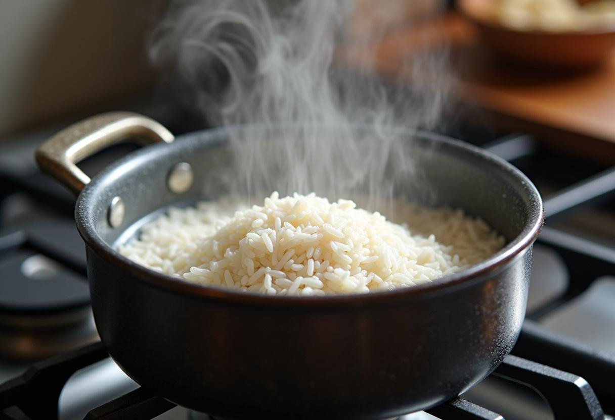 Boiling water for cooking gluten-free rice in Arroz sem Glúten Light recipe.