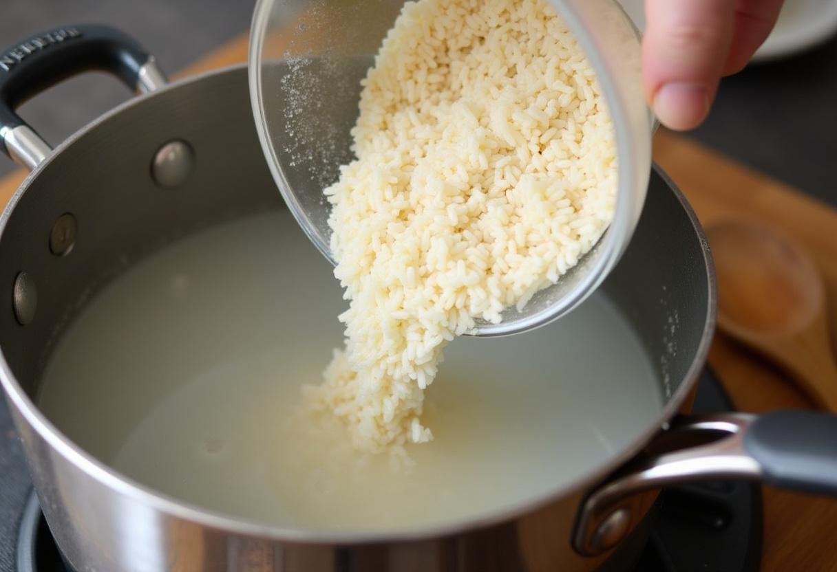 Gluten-free rice being added to boiling water for preparing Arroz sem Glúten Light.