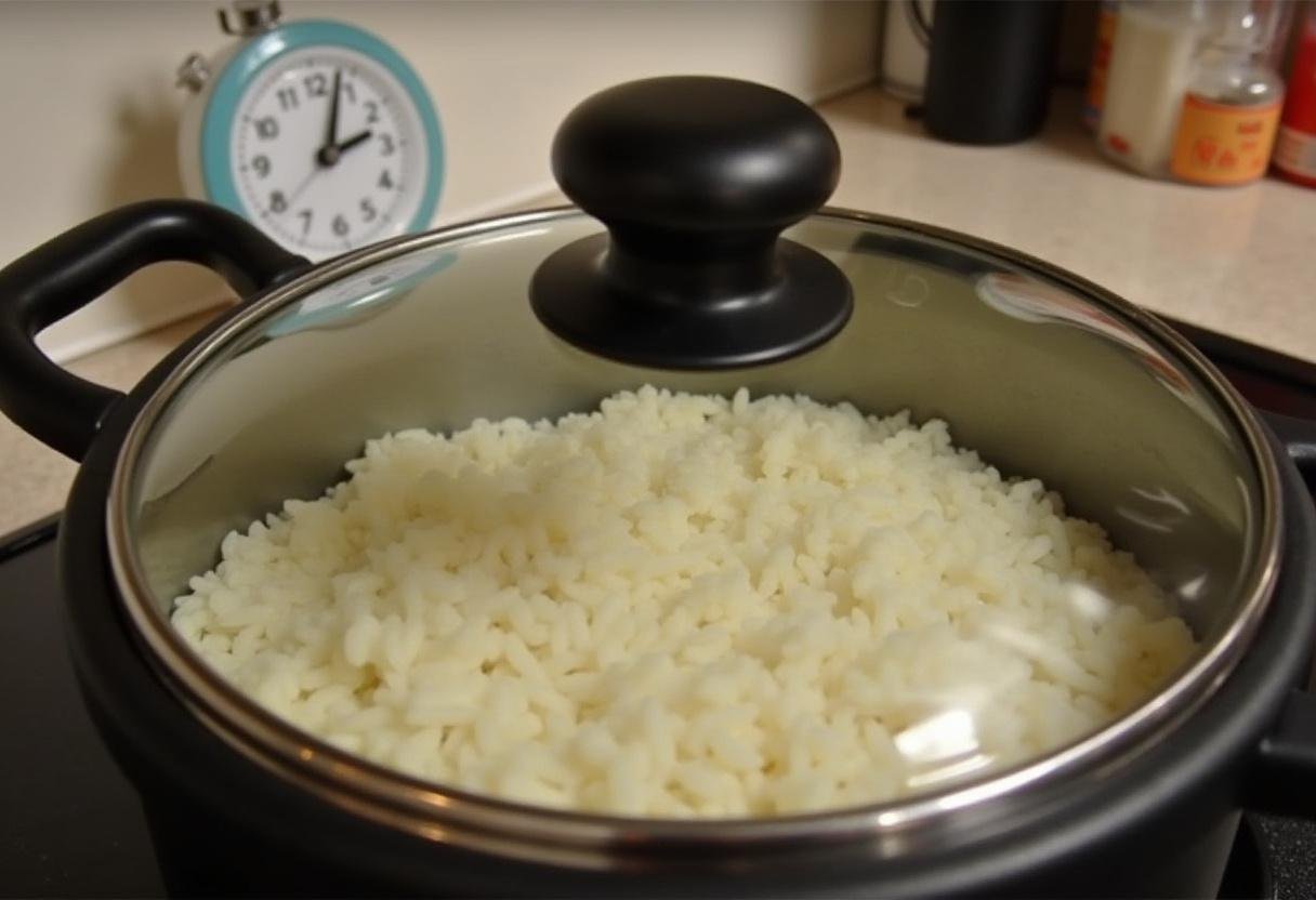 Pot with lid on simmers for Arroz sem Glúten Light preparation.