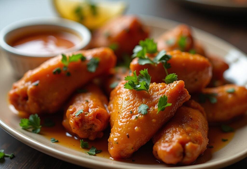 Asas de frango no forno perfeitamente assadas em um prato, prontas para servir.