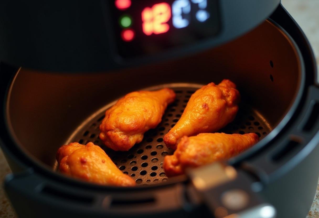 Configuração do timer da airfryer para cozinhar asinhas de frango perfeitamente.