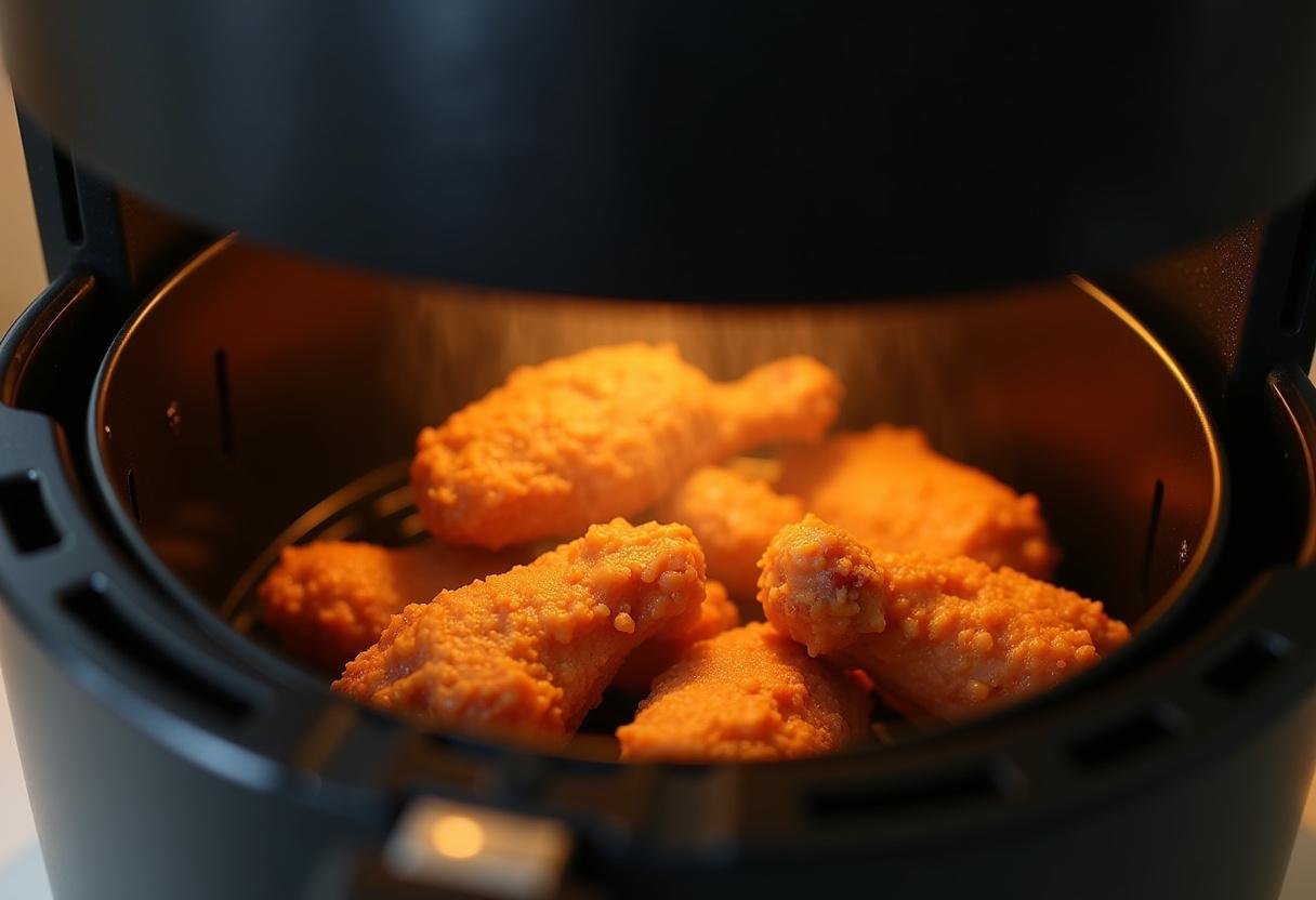Asinhas de frango douradas saindo da airfryer, prontas para serem servidas.