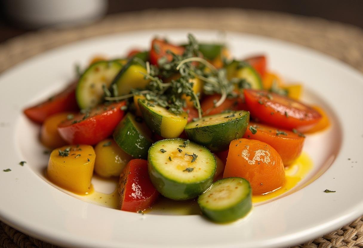 Prato elaborado de vegetais salteados com azeite em spray leve, ideal para refeições saudáveis.