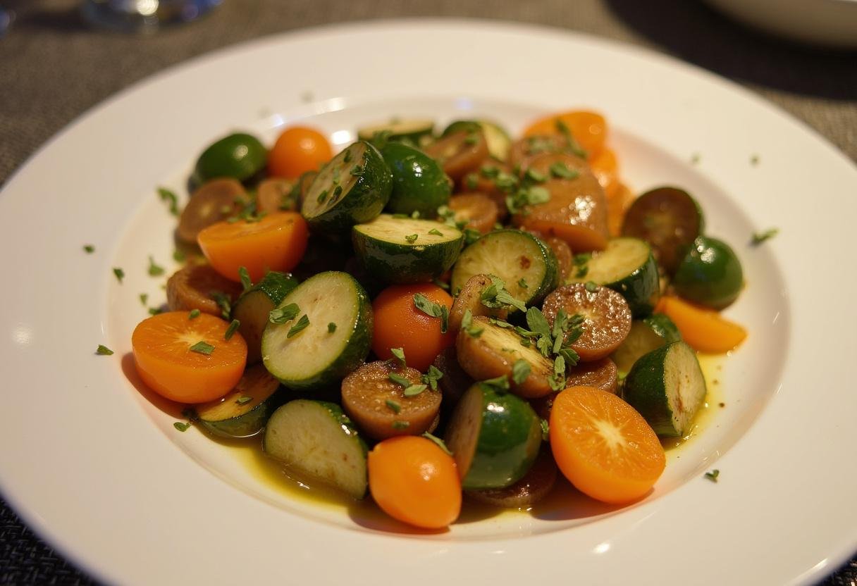 Prato elaborado de vegetais salteados com azeite em spray leve, ideal para refeições saudáveis.