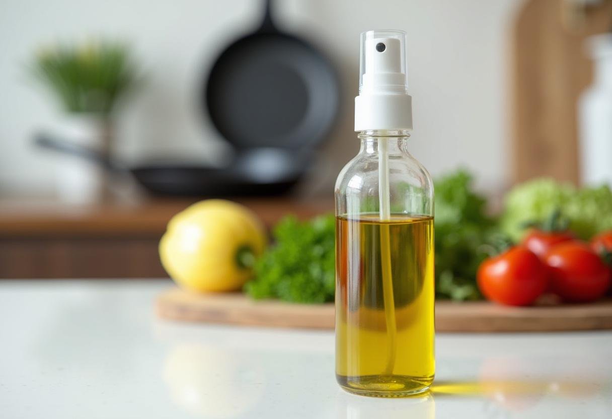 Azeite em spray leve em uma bancada de cozinha com vegetais frescos e uma frigideira ao fundo.