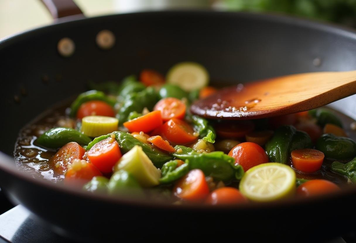 Vegetais cozinhando em uma frigideira com azeite spray leve, uma opção saudável.