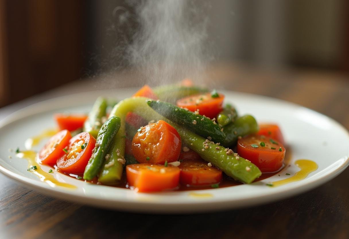 Prato finalizado de vegetais salteados com azeite em spray leve para mais sabor.