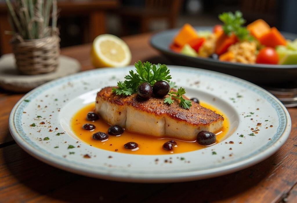 Bacalhau assado no forno com batatas e cebolada, perfeito para refeições familiares.