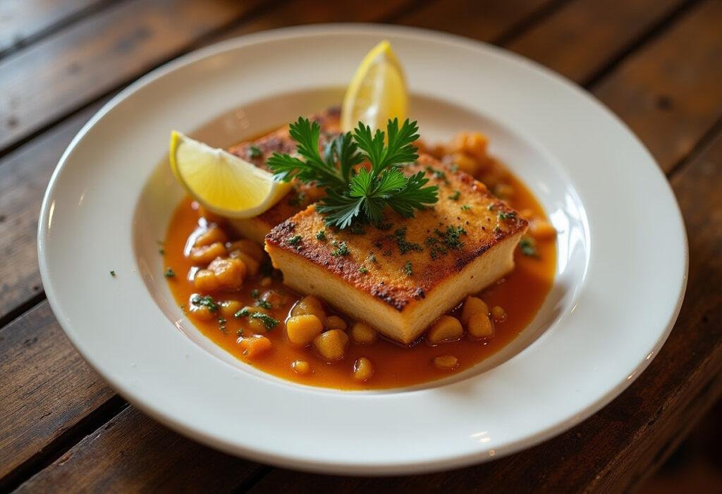 Bacalhau confitado no forno, decorado com salsinha e limão, ideal para uma refeição sofisticada.
