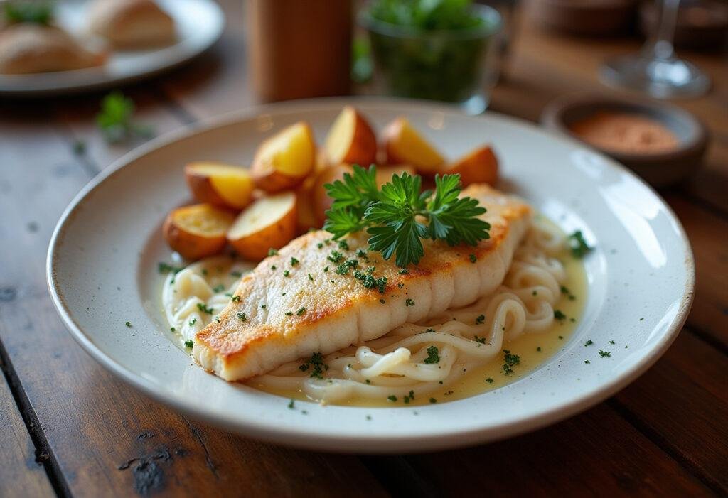 Prato final de bacalhau demolhado macio, decorado com salsa e batatas assadas.