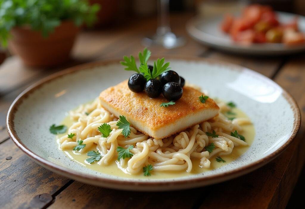 Prato de bacalhau desfiado leve, ideal para refeições saudáveis, pronto para servir e apreciar.