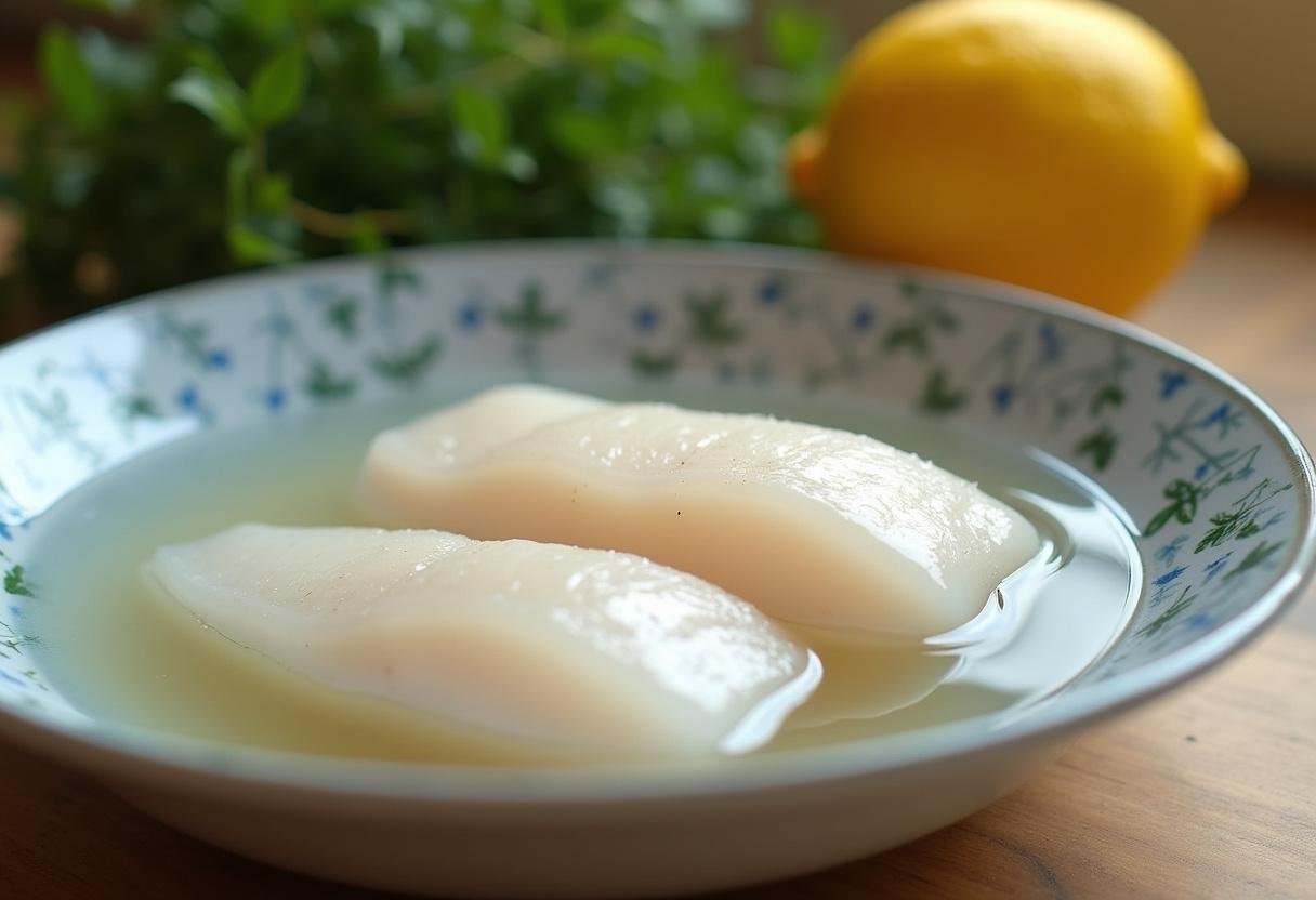 Bacalhau à espanhola sendo hidratado em água antes do preparo.