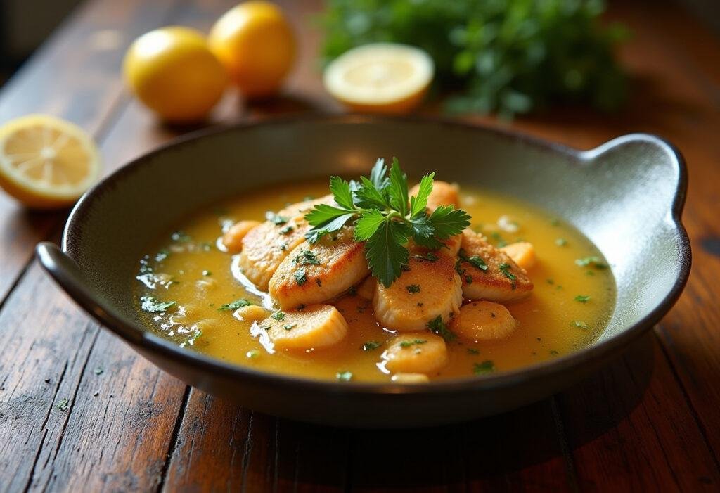 Bacalhau espiritual light pronto para servir, com decorativo de salsa e limão.