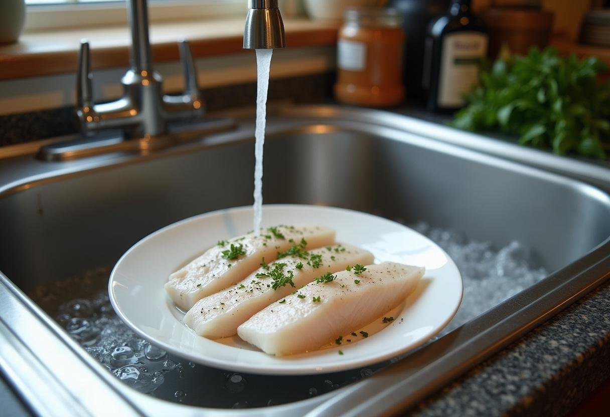 Fresh cod fillets being rinsed in preparation for bacalhau à narcisa.