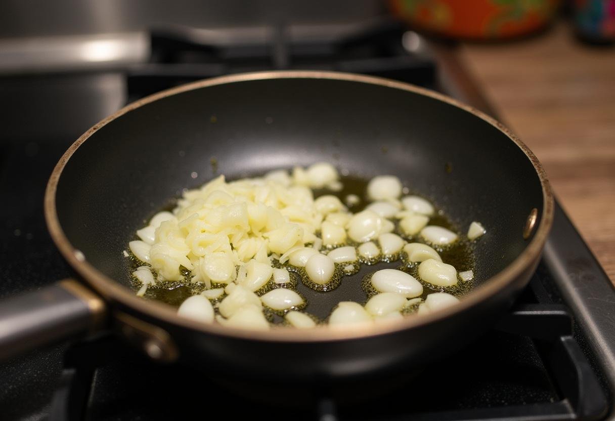 Heating olive oil in a skillet to sauté ingredients for bacalhau à narcisa recipe.