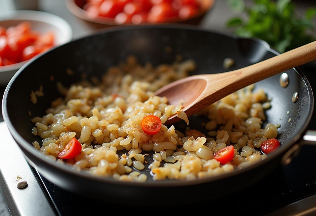 Sautéed onions and garlic being stirred for the bacalhau à narcisa dish preparation.