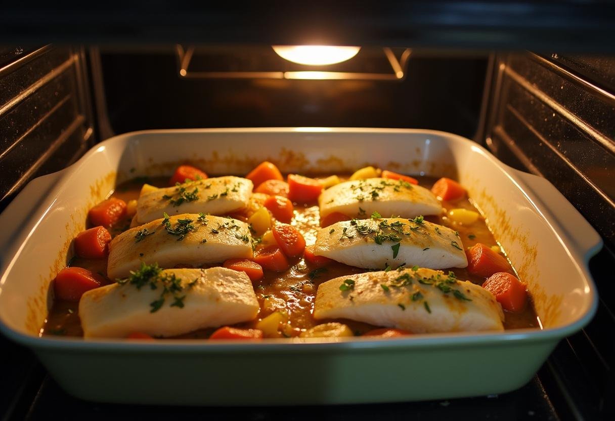 Layered cod and vegetables in a baking dish for bacalhau à narcisa before baking.