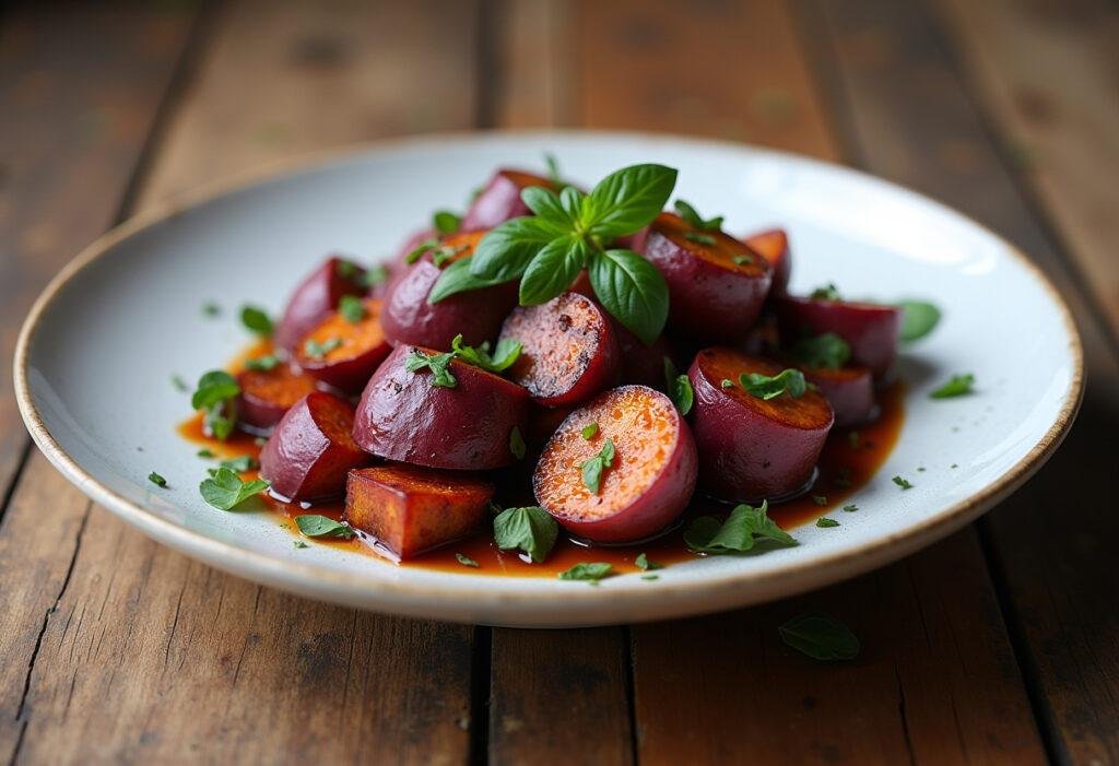 Batata doce roxa assada apresentada em um prato rústico, ideal para refeições saudáveis.