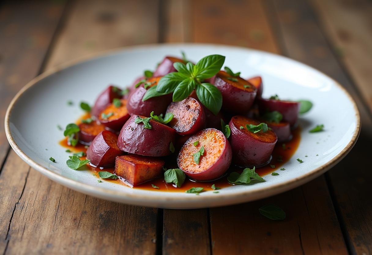 Batata doce roxa assada apresentada em um prato rústico, ideal para refeições saudáveis.