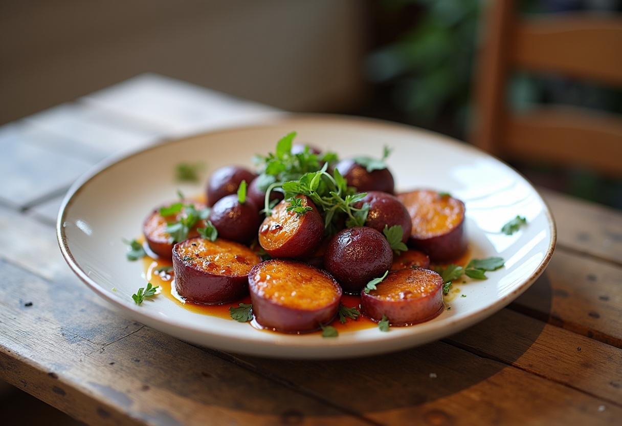 Batata doce roxa assada apresentada em um prato rústico, ideal para refeições saudáveis.