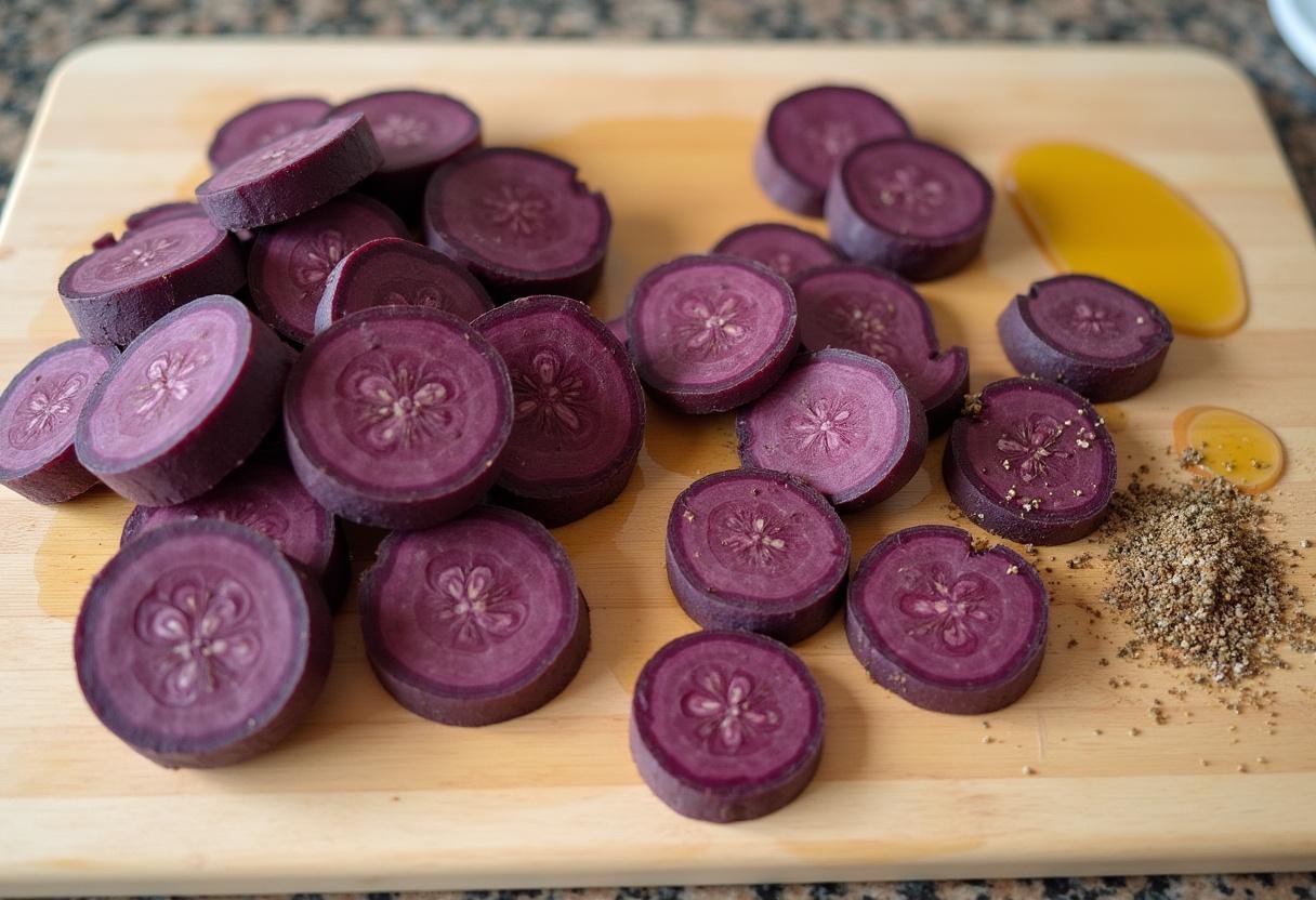 Fatias de batata doce roxa preparadas para serem temperadas antes de assar.