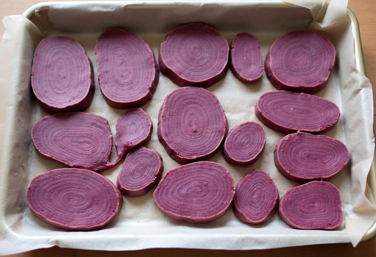 Batata doce roxa fatiada disposta em uma assadeira, prontas para assar.